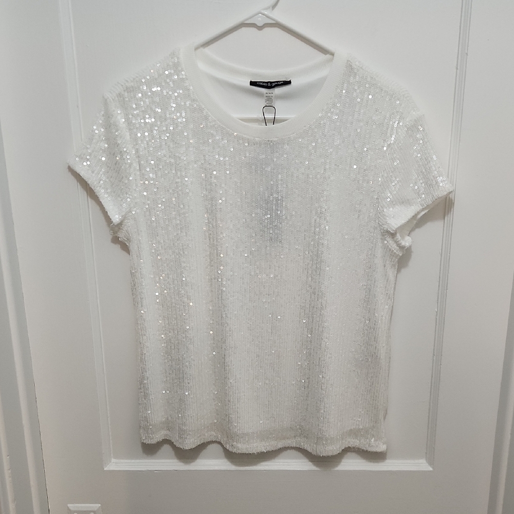 Cable & Gauge White Sequin Short Sleeve Top